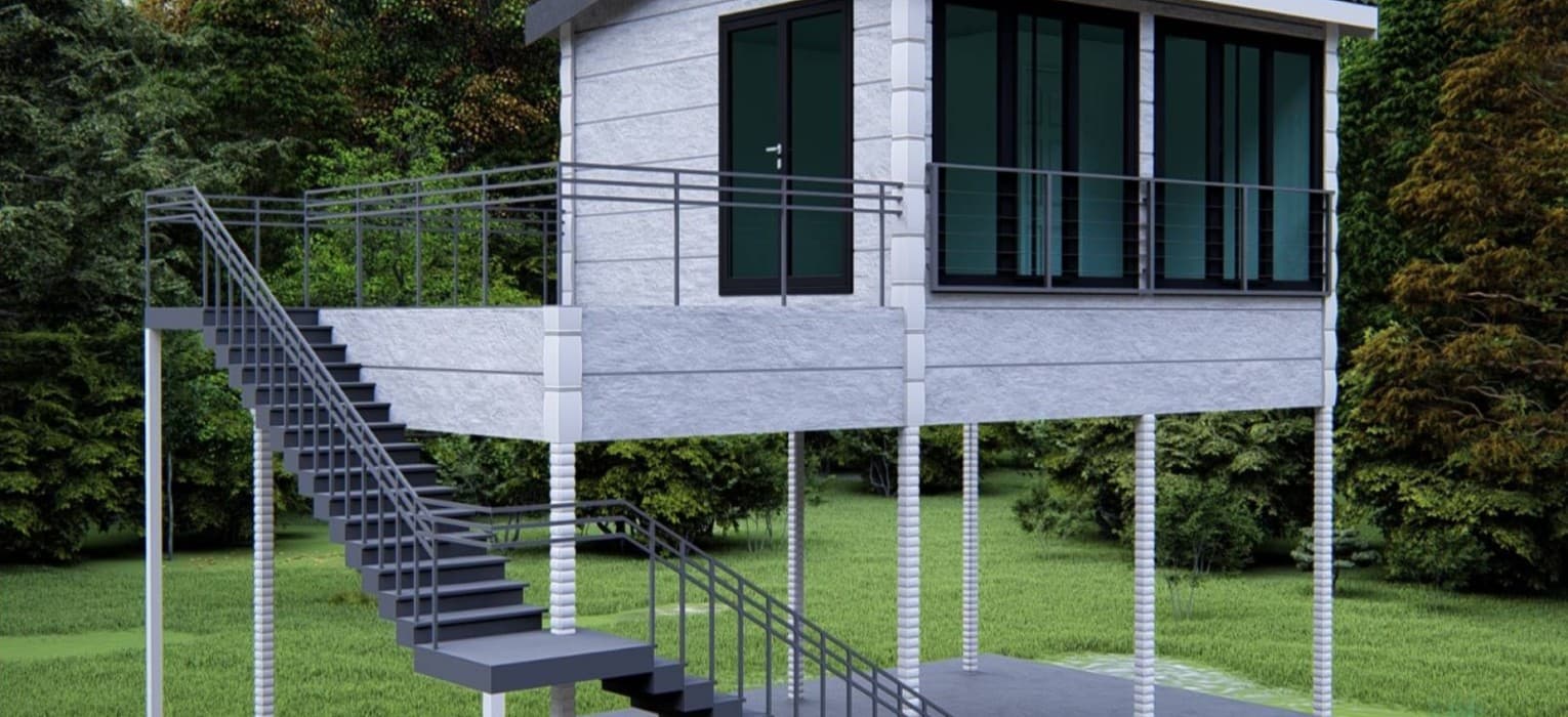 Çelik kolonlar üzerine oturtulmuş prefabrik yapı modülü